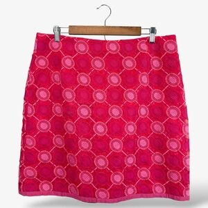 Boden Pink Mini Skirt Size US 12 Red Embroidered Print Ribbon Trim Preppy Casual